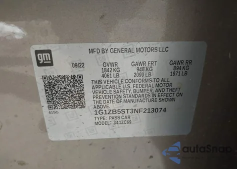 2022 Chevrolet Malibu Fwd Ls z USA, uszkodzony, nr VIN 1G1ZB5ST3NF213074